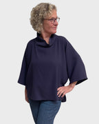 Eggplant cowl neck wool tunic worn alone, made in small batches in Seattle