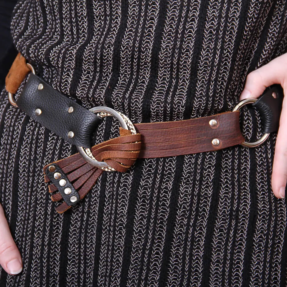 Brown Black Leather Belt 6-Strand Silver Rings Riveted | Engayla
