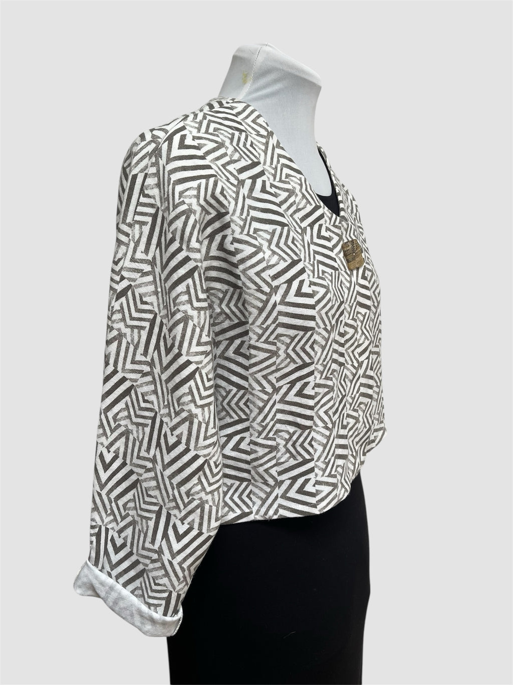White Linen Bolero Jacket Mudcloth Block Print Brown | Engayla