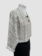 White Linen Bolero Jacket Mudcloth Block Print Brown | Engayla
