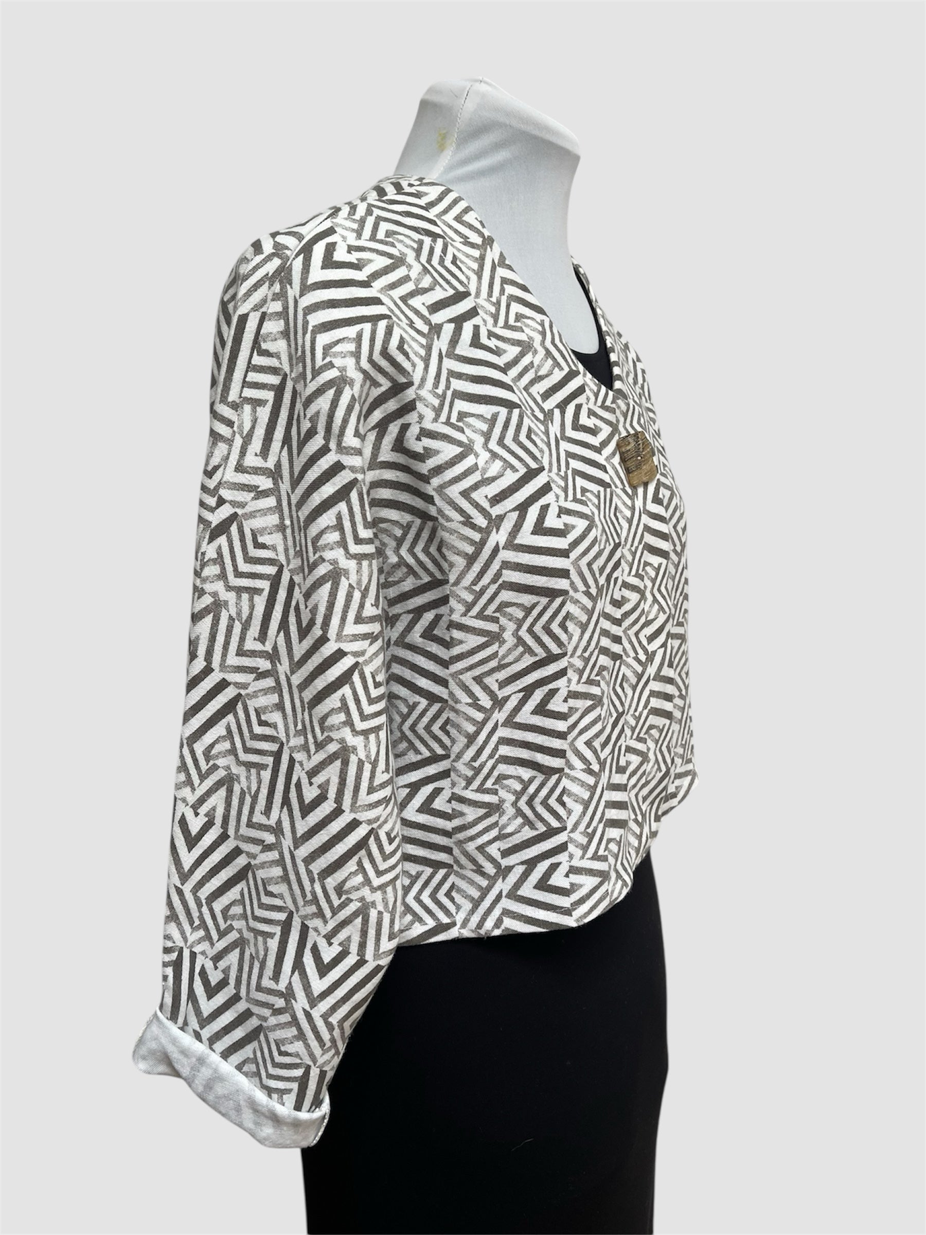 White Linen Bolero Jacket Mudcloth Block Print Brown | Engayla