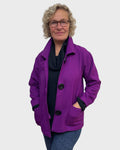 Fuchsia black wool polyester jacket with stand up collar and three large black buttons