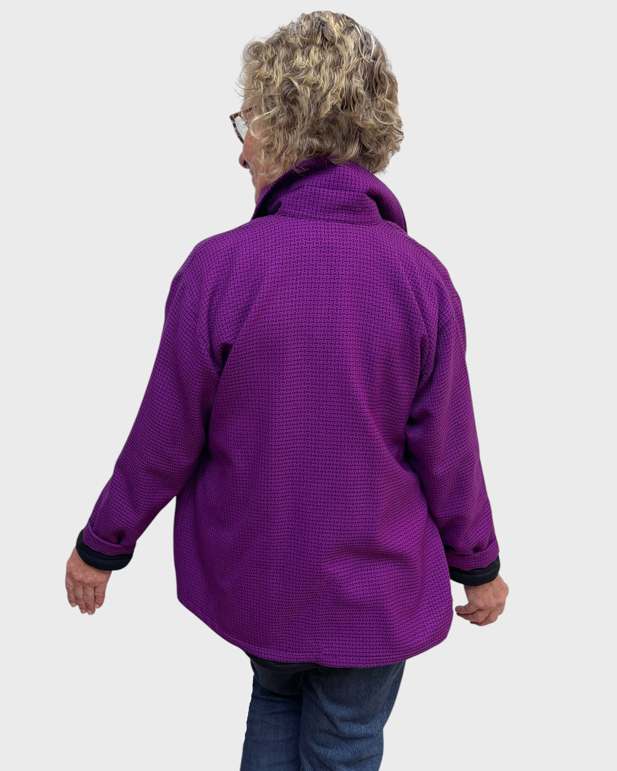 Back of fuchsia black wool polyester classic jacket with stand up collar