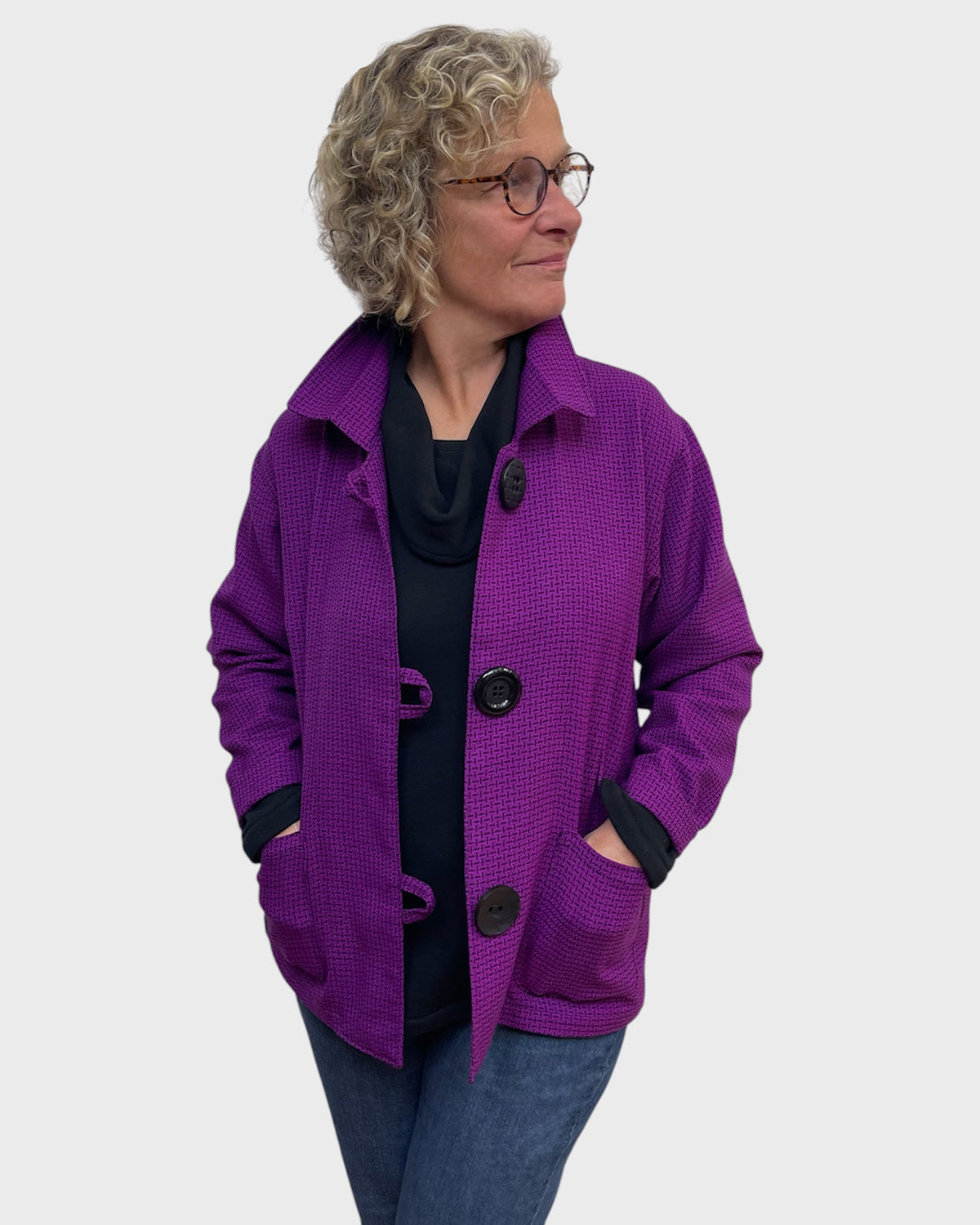 Fuchsia black wool jacket with three button loop closure and patch pockets