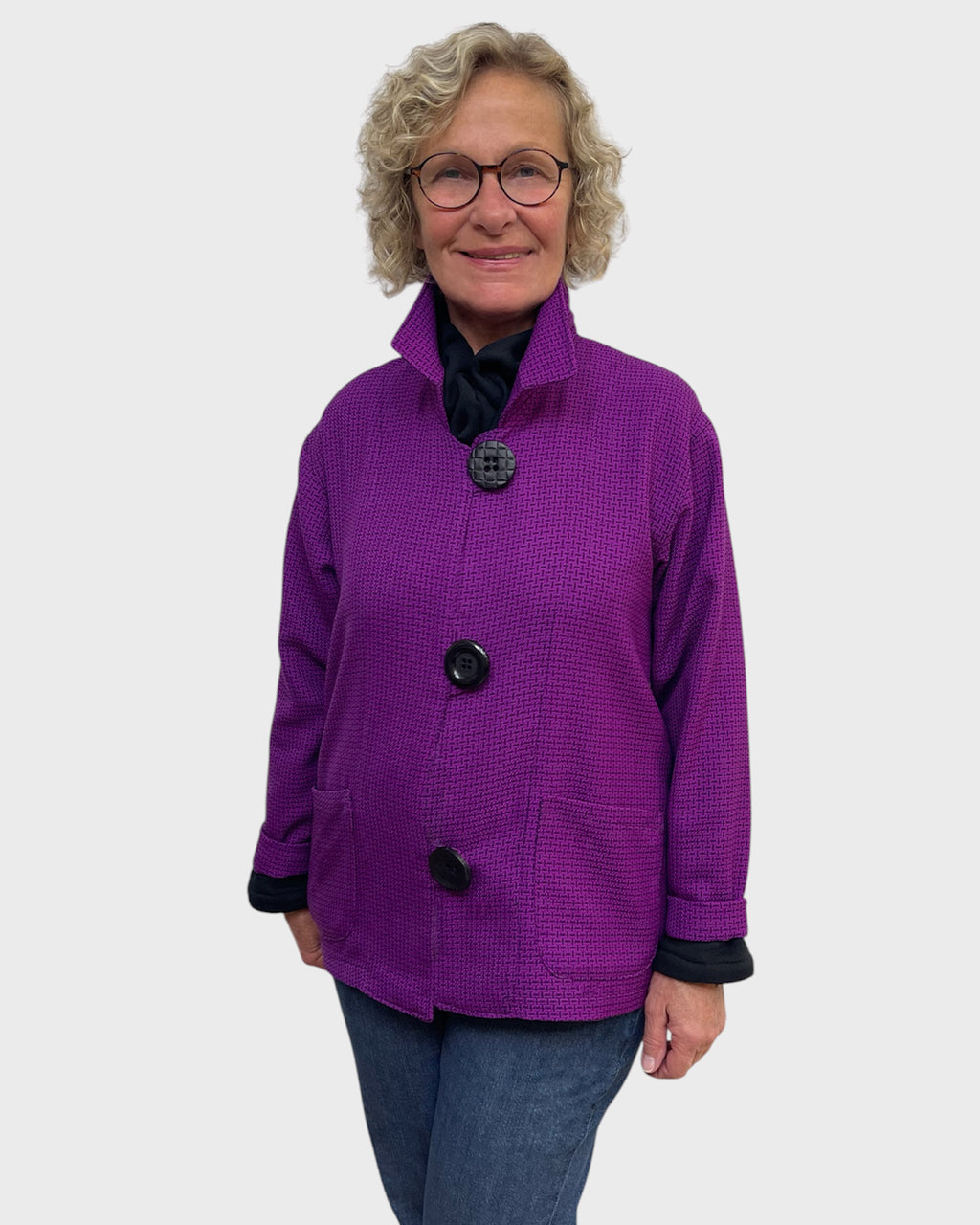 Fuchsia black wool polyester jacket with stand up collar and three large black buttons