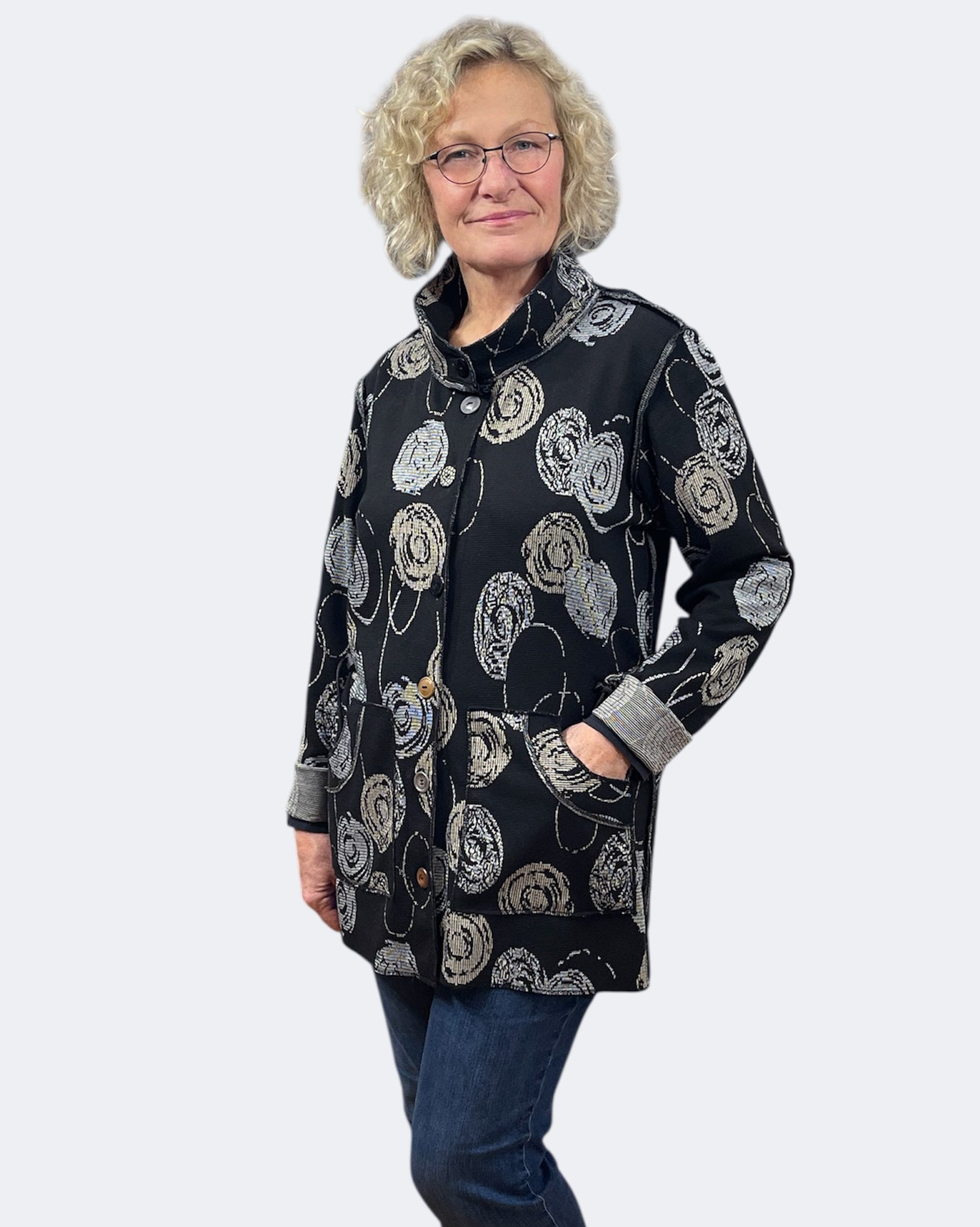 Black and Grey Circle Knit Jacket with Adjustable Drawstring Fit