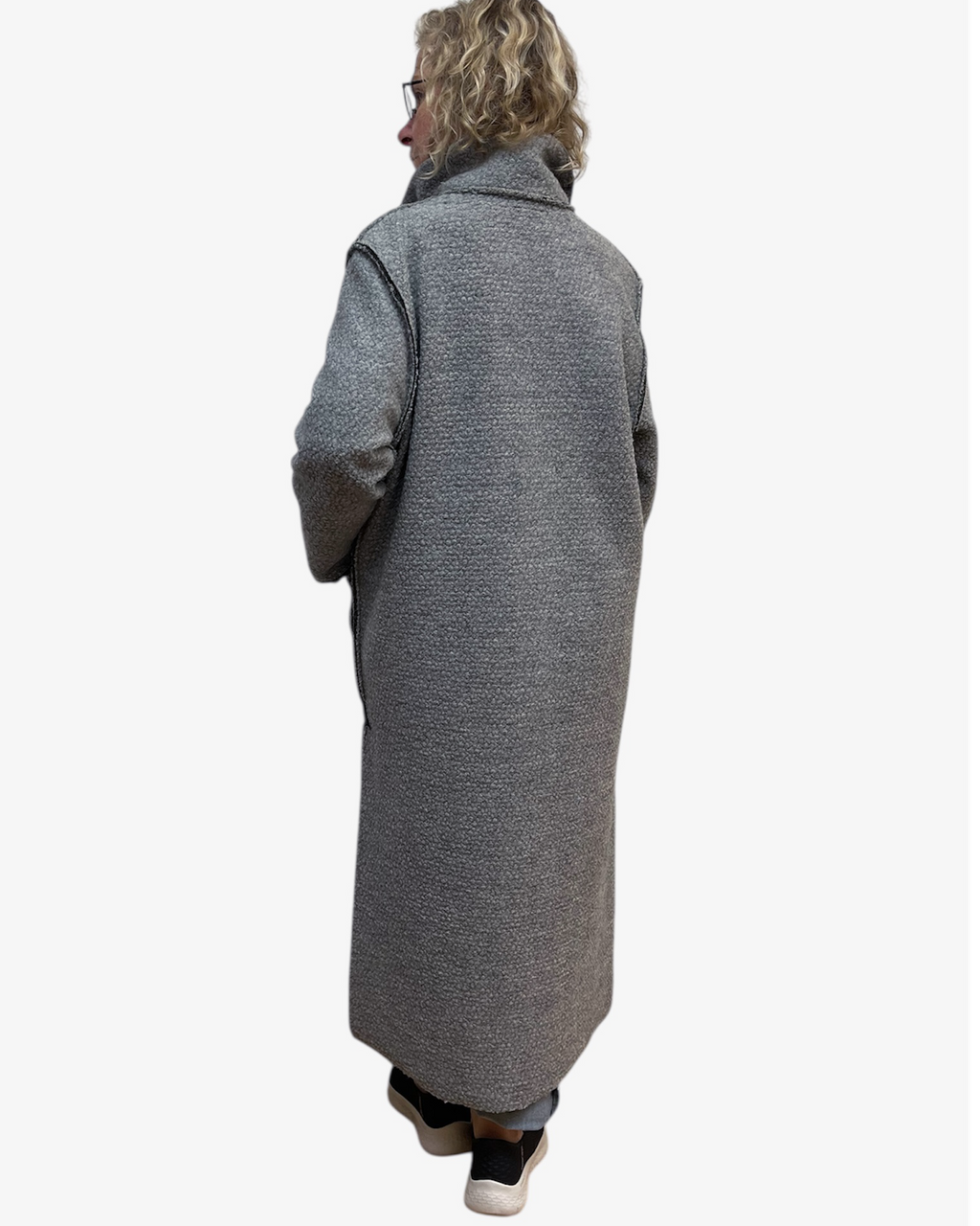 Grey Boucle Wool Long Duster Coat Leather Details | Engayla
