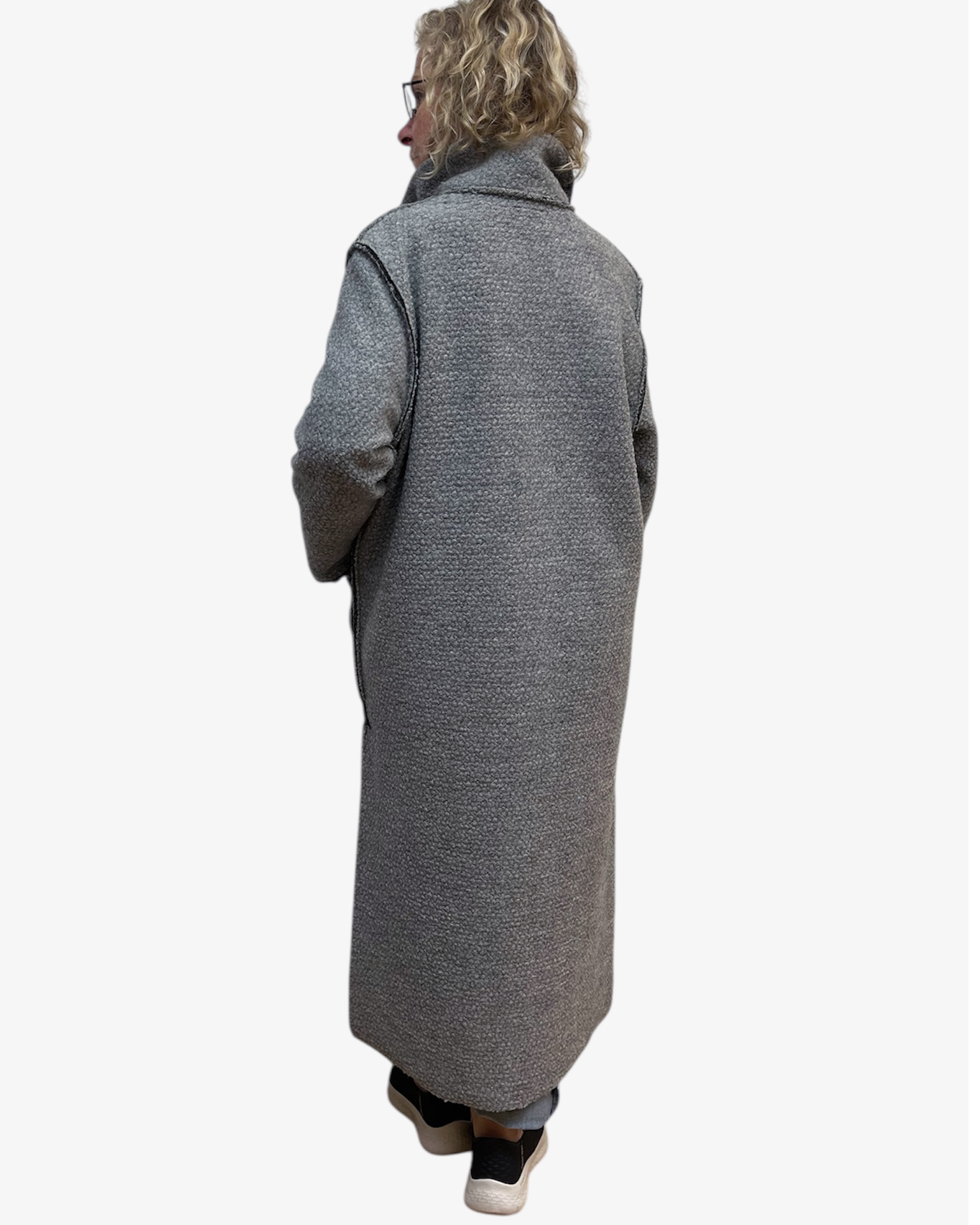 Grey Boucle Wool Long Duster Coat Leather Details | Engayla
