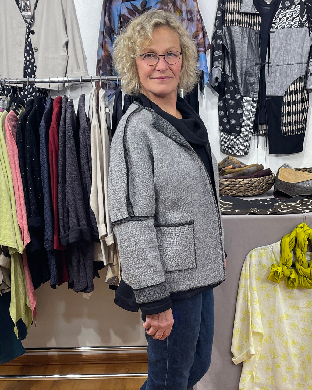 Grey Black Wool Boucle Jacket Open Front Pockets | Engayla