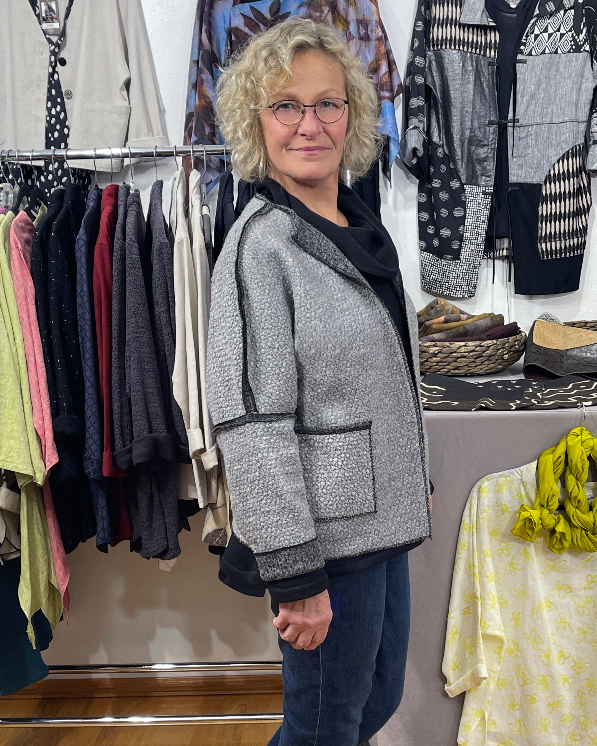 Grey Black Wool Boucle Jacket Open Front Pockets | Engayla