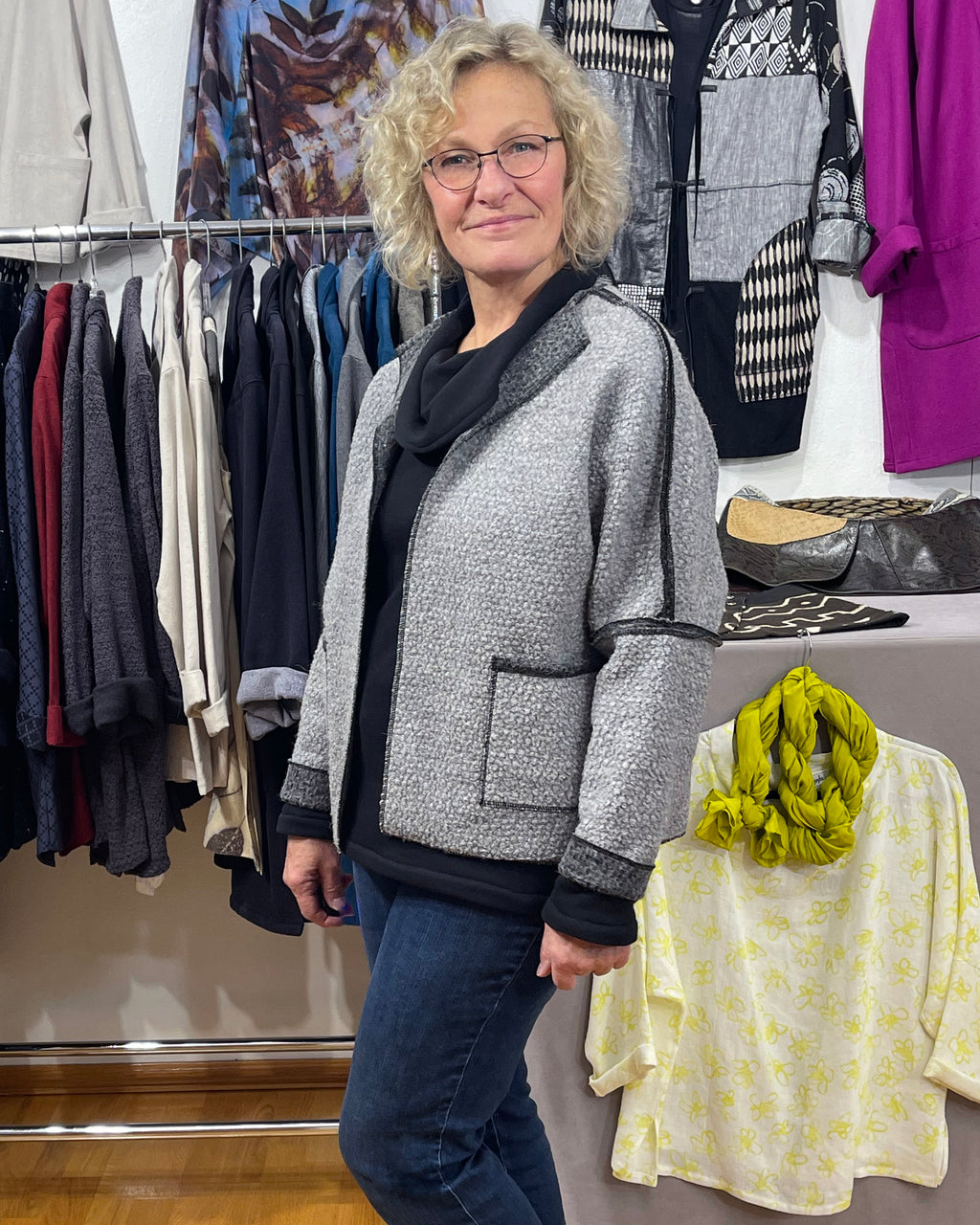 Grey Black Wool Boucle Jacket Open Front Pockets | Engayla