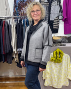 Grey Black Wool Boucle Jacket Open Front Pockets | Engayla