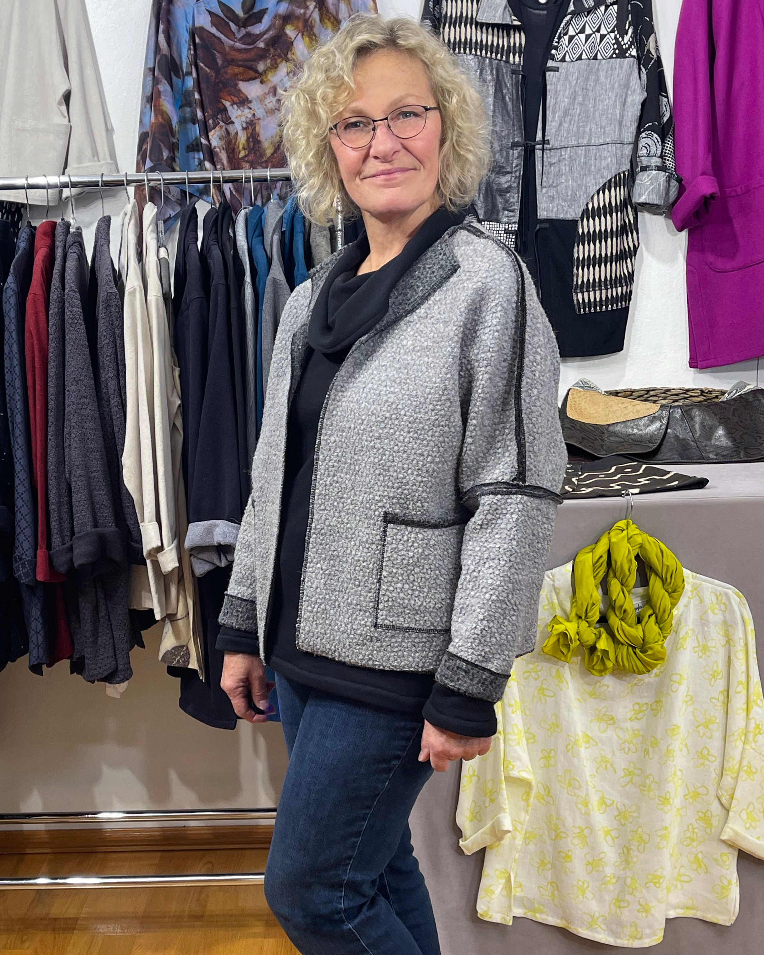 Grey Black Wool Boucle Jacket Open Front Pockets | Engayla