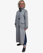 Grey Boucle Wool Long Duster Coat Leather Details | Engayla