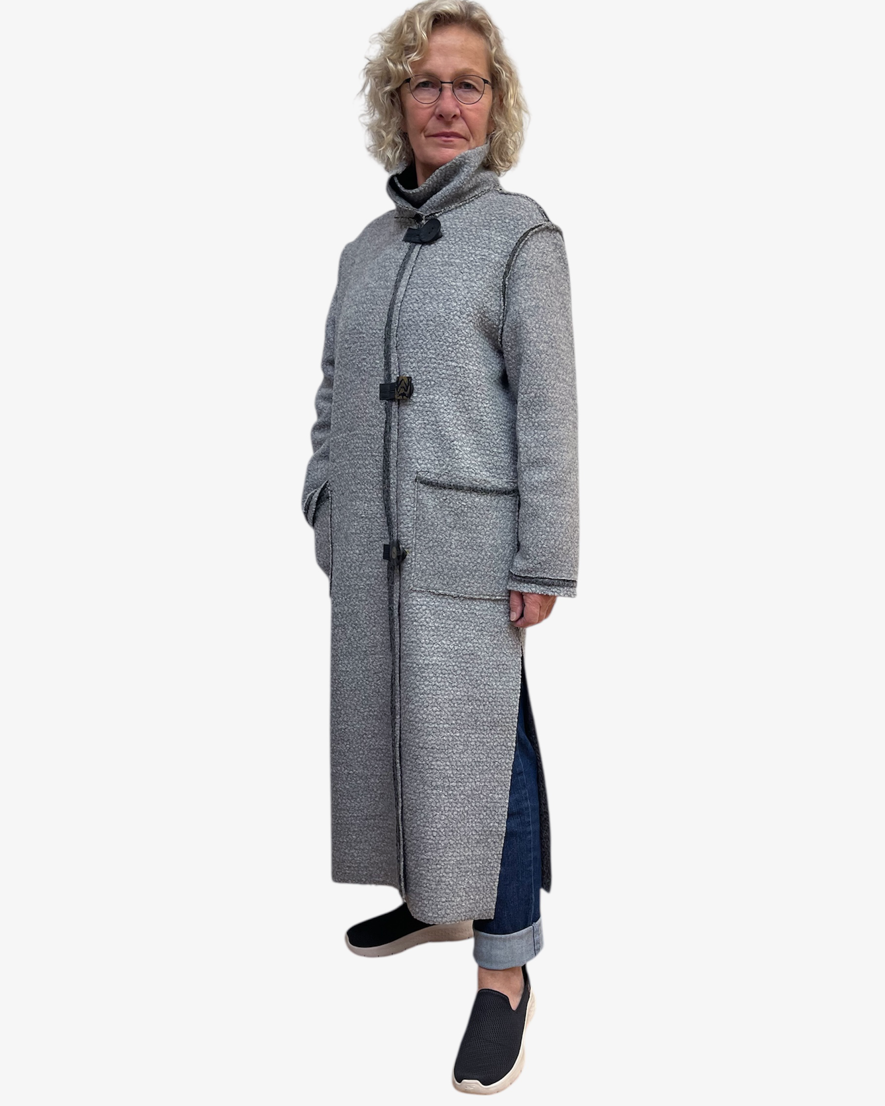 Grey Boucle Wool Long Duster Coat Leather Details | Engayla