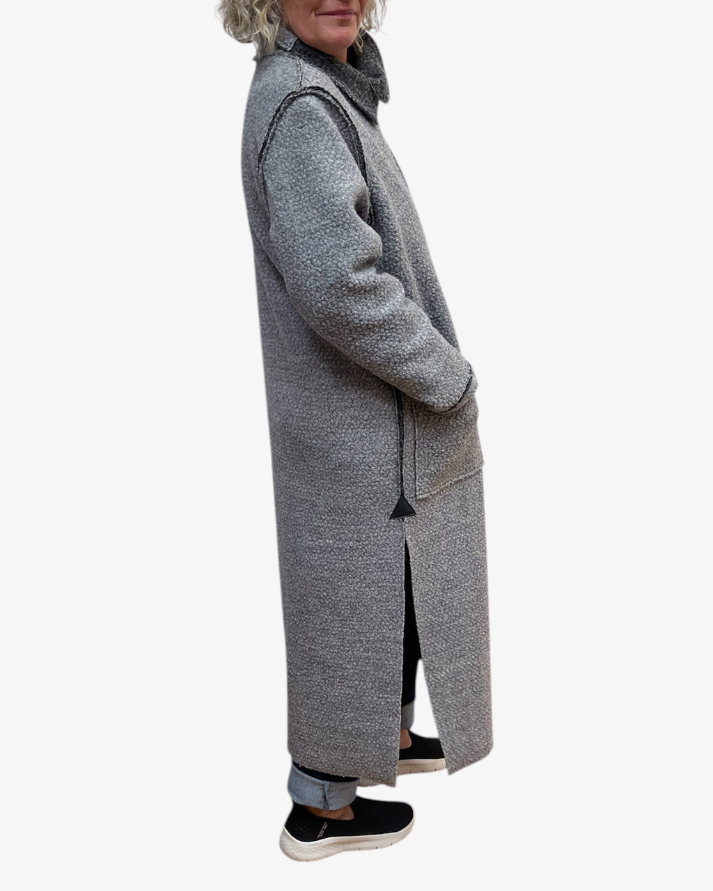 Grey Boucle Wool Long Duster Coat Leather Details | Engayla