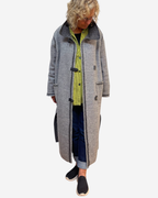 Grey Boucle Wool Long Duster Coat Leather Details | Engayla