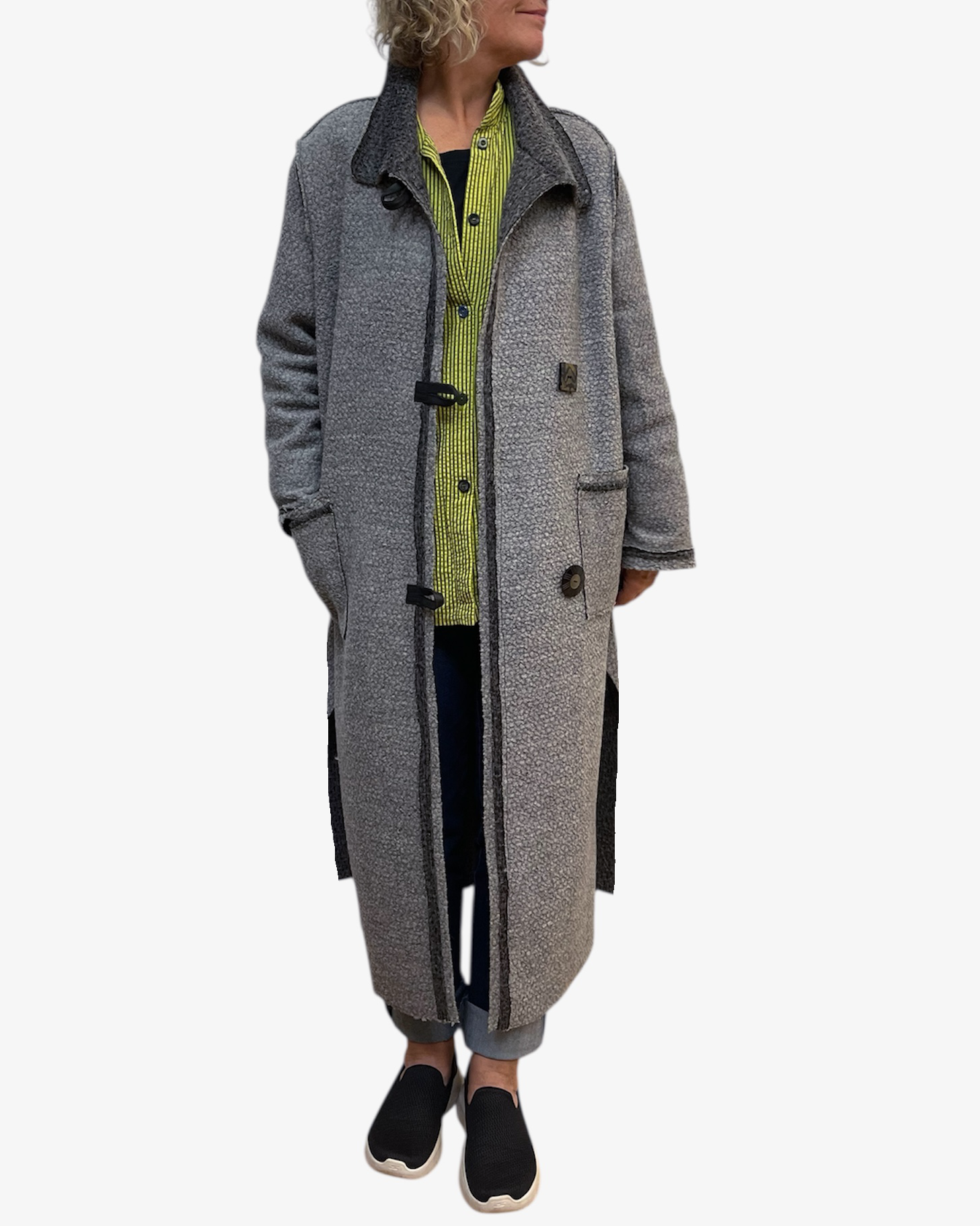 Grey Boucle Wool Long Duster Coat Leather Details | Engayla
