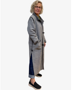 Grey Boucle Wool Long Duster Coat Leather Details | Engayla