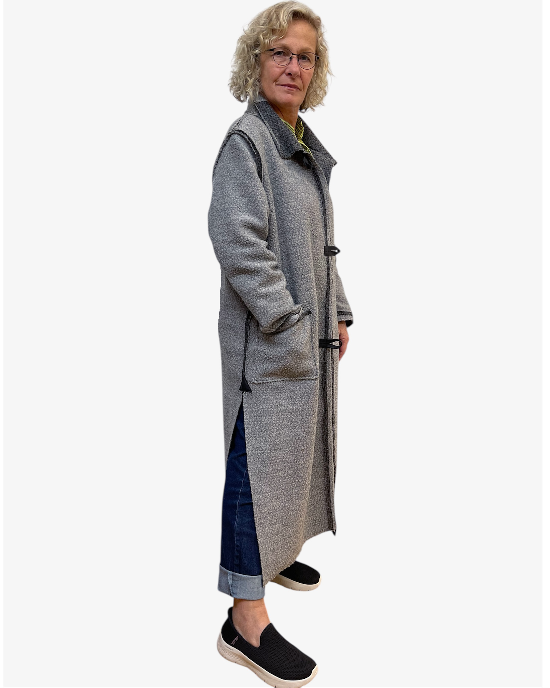 Grey Boucle Wool Long Duster Coat Leather Details | Engayla