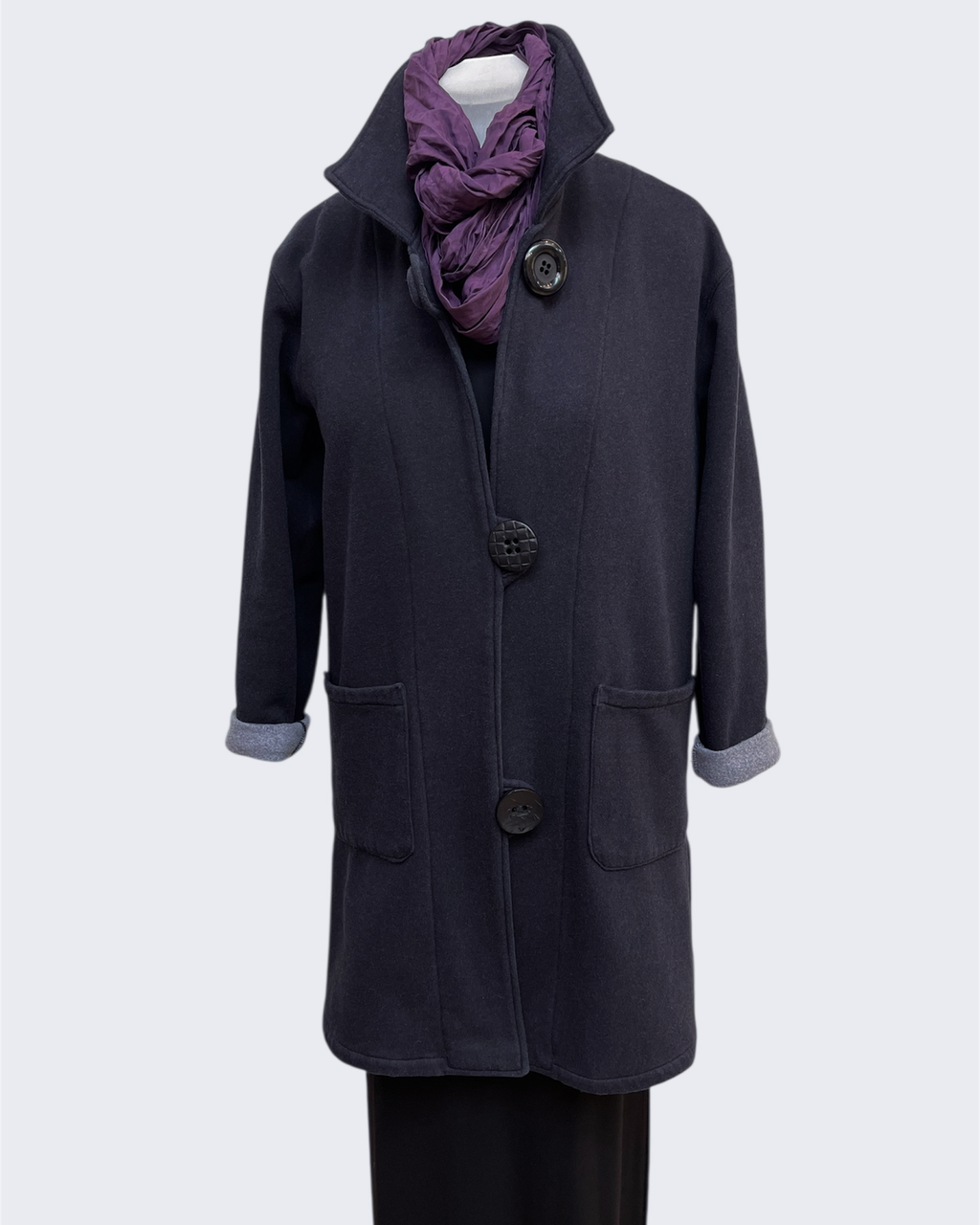 Charcoal Hand-Dyed Cotton Fleece Long Jacket Button Loop | Engayla