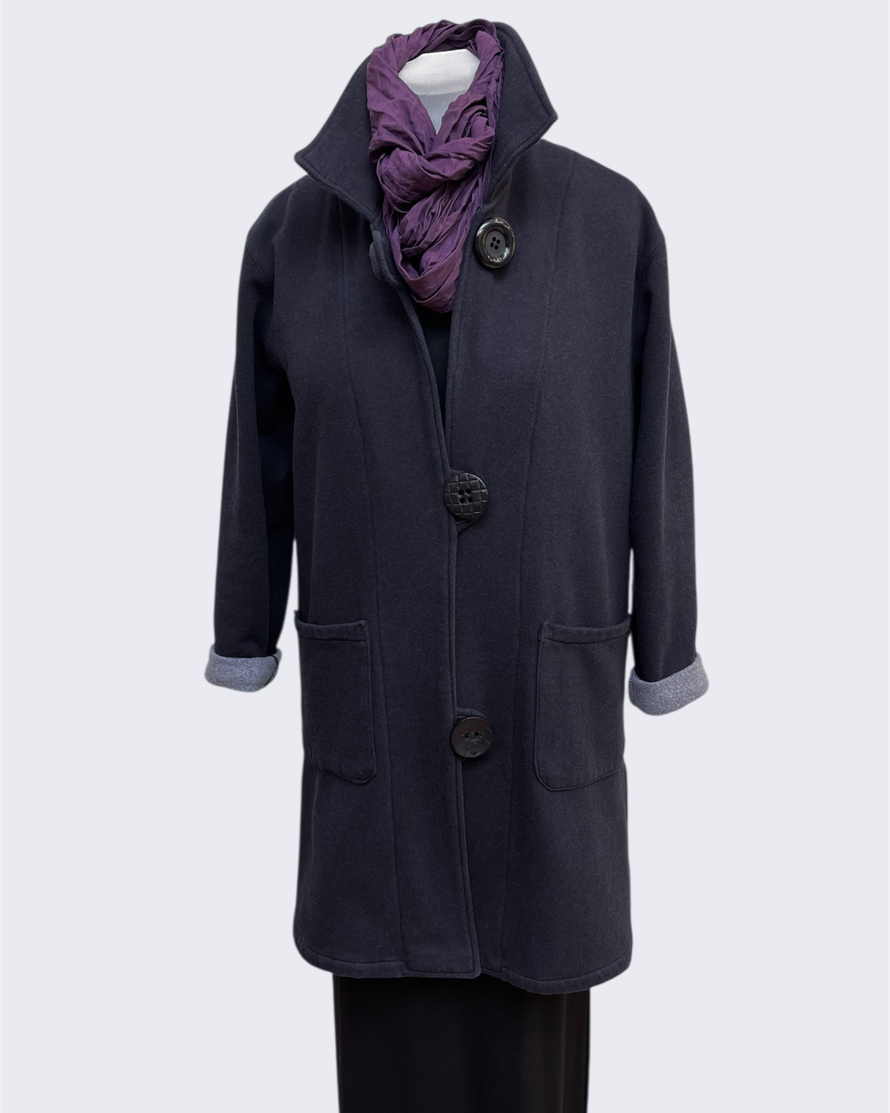 Charcoal Hand-Dyed Cotton Fleece Long Jacket Button Loop | Engayla