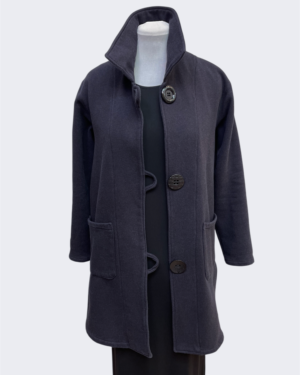 Charcoal Hand-Dyed Cotton Fleece Long Jacket Button Loop | Engayla