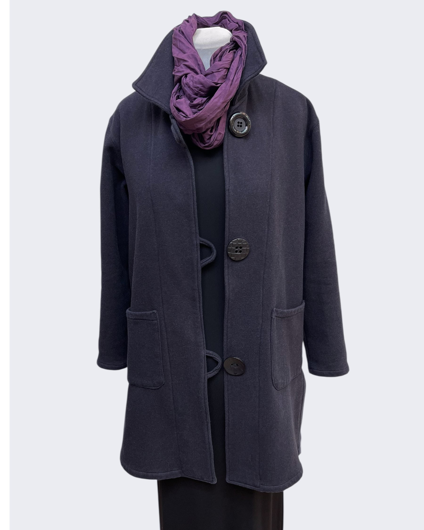 Charcoal Hand-Dyed Cotton Fleece Long Jacket Button Loop | Engayla