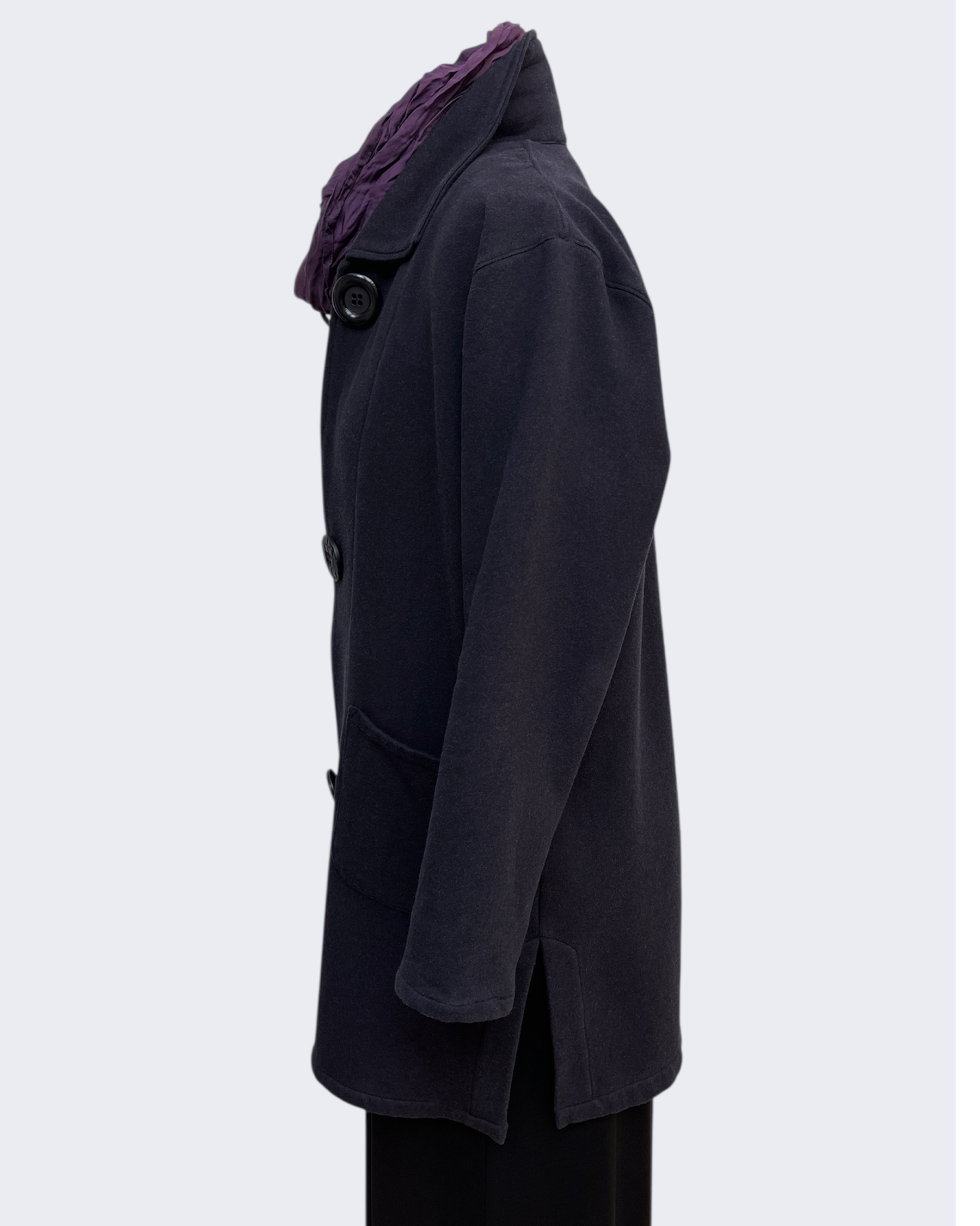 Charcoal Hand-Dyed Cotton Fleece Long Jacket Button Loop | Engayla