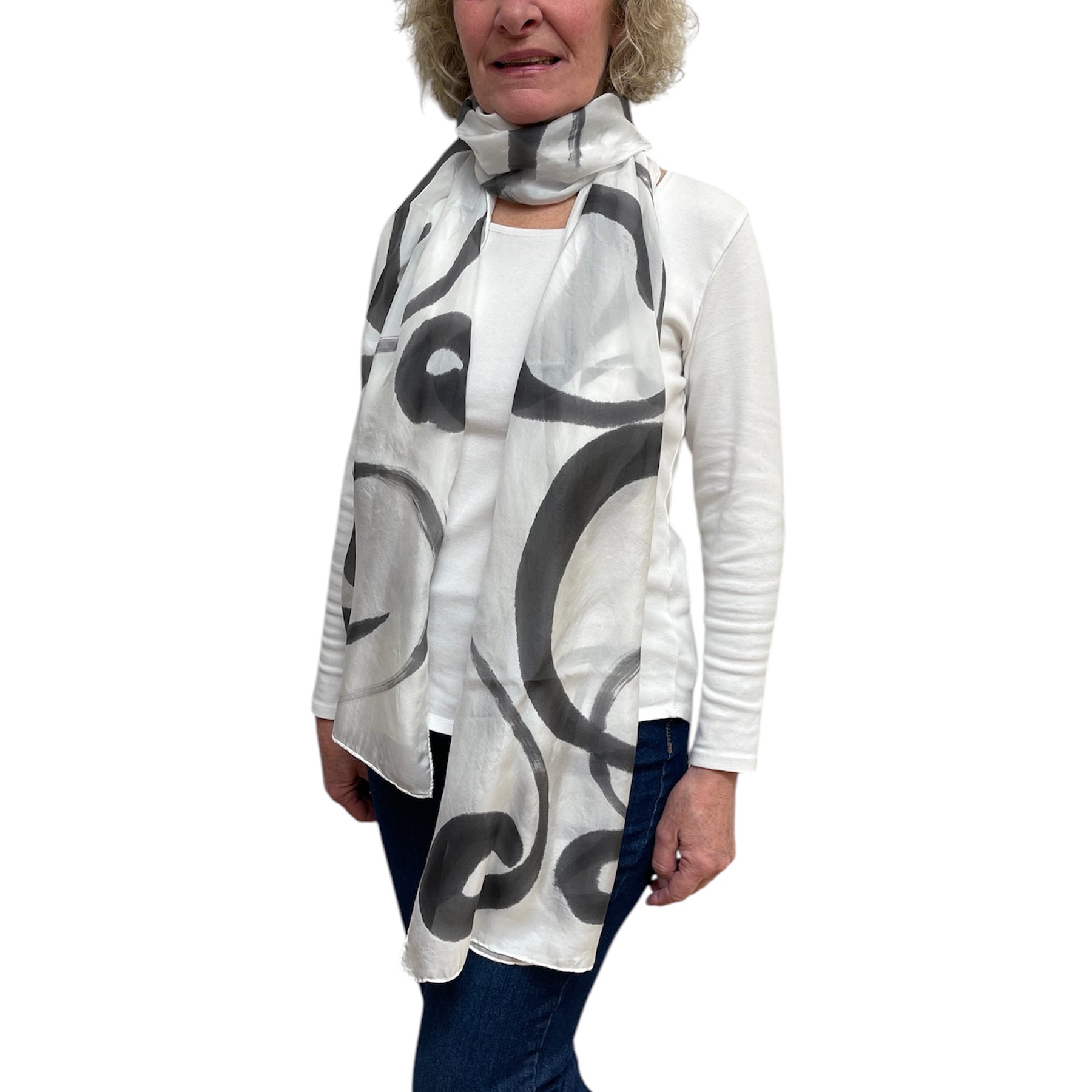 Black hand painted, rectangle off white silk scarf.