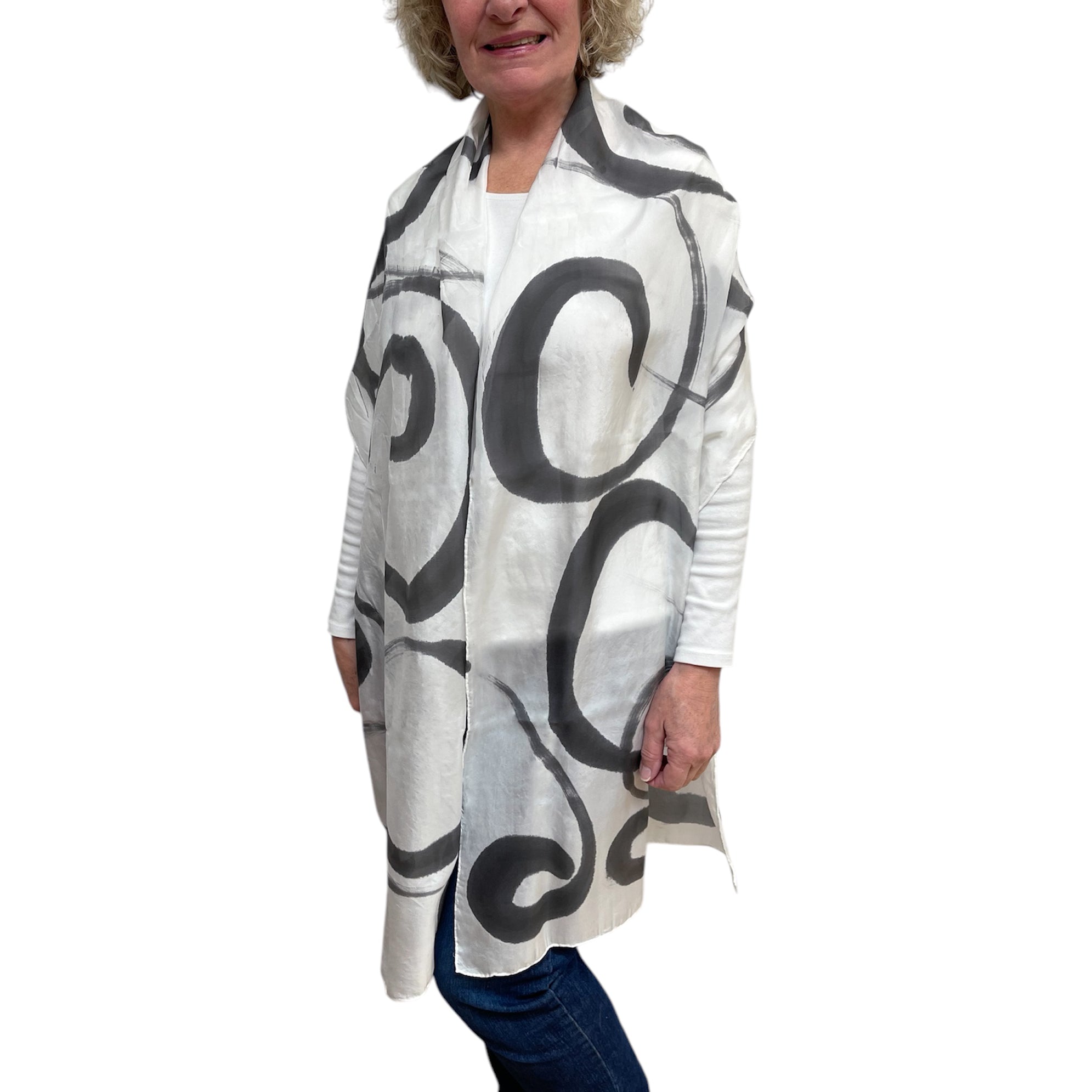 Off White Black Hand Painted Silk Scarf Abstract | Engayla