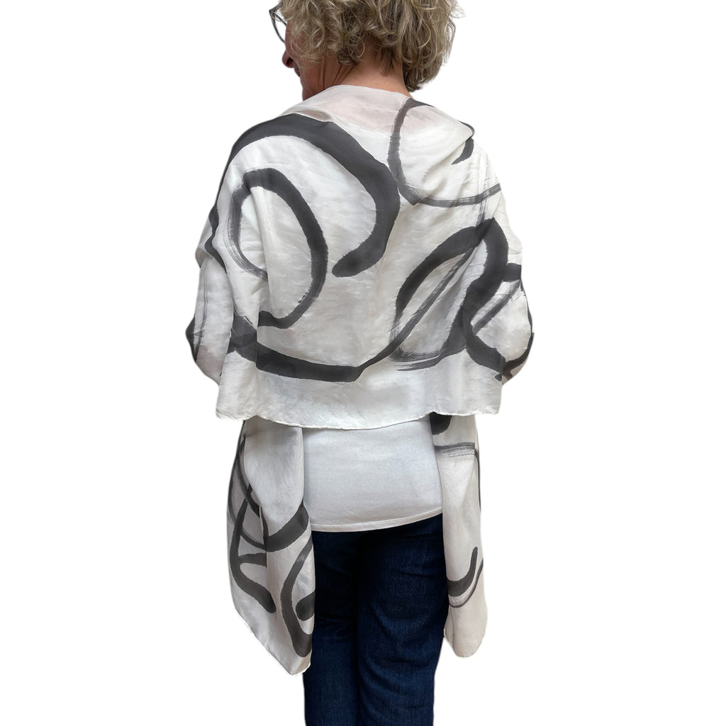 Off White Black Hand Painted Silk Scarf Abstract | Engayla