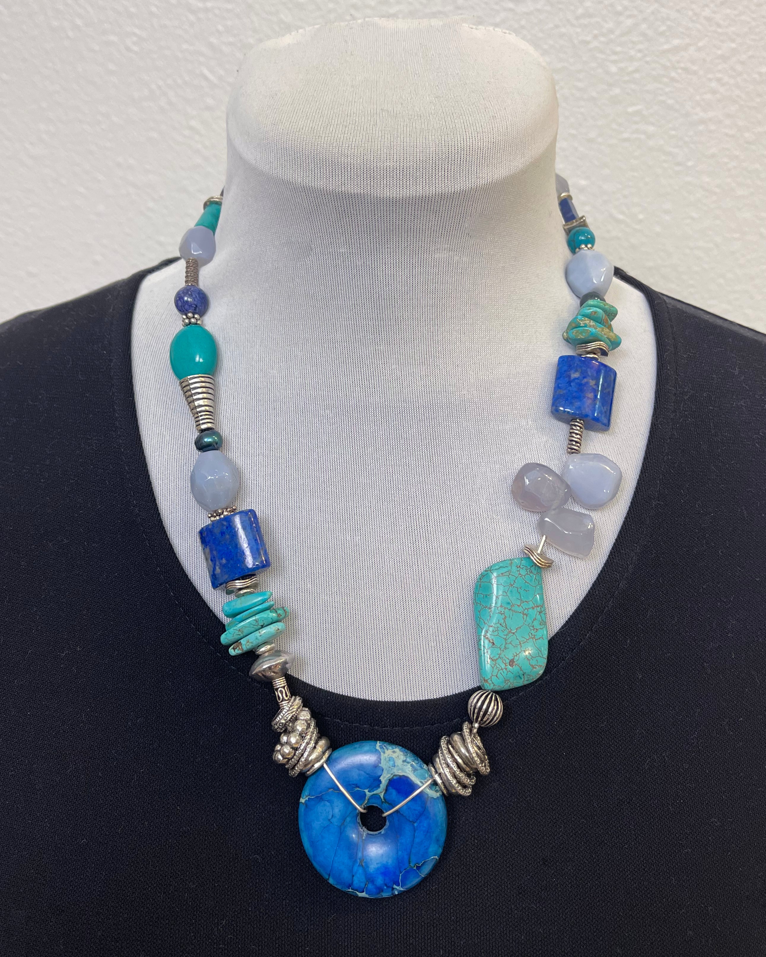 Lapis Lazuli Turquoise Pearl Sterling Silver Necklace - One of a Kind Statement Necklace