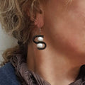 Black Leather Pearl Earrings S-Shape Freshwater, handmade in Seattle by Angela Ehrig