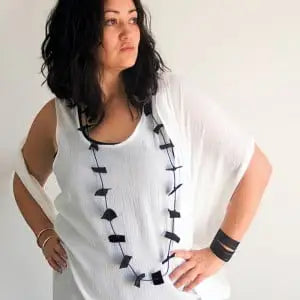 Black Leather Patch Necklace Upcycled Knotted, handmade in Seattle by Angela Ehrig