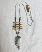 Bohemian necklace: silver chain, four horizontal shell bars, freshwater pearls, green marbled stone pendant, crystal