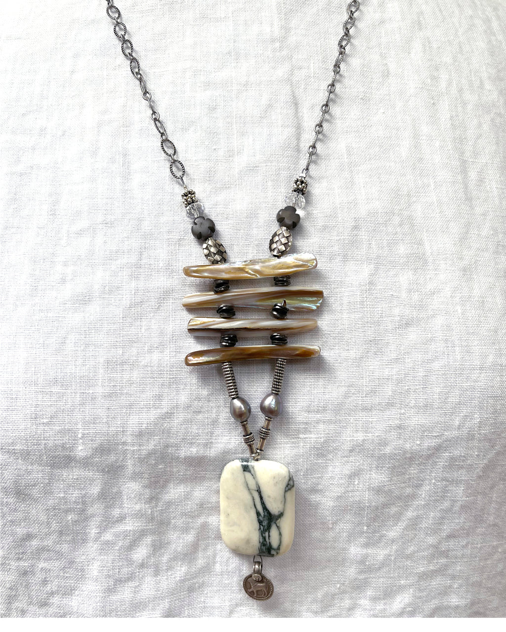 Marble Freshwater Pearl Pendant Necklace Pewter Silver | Engayla