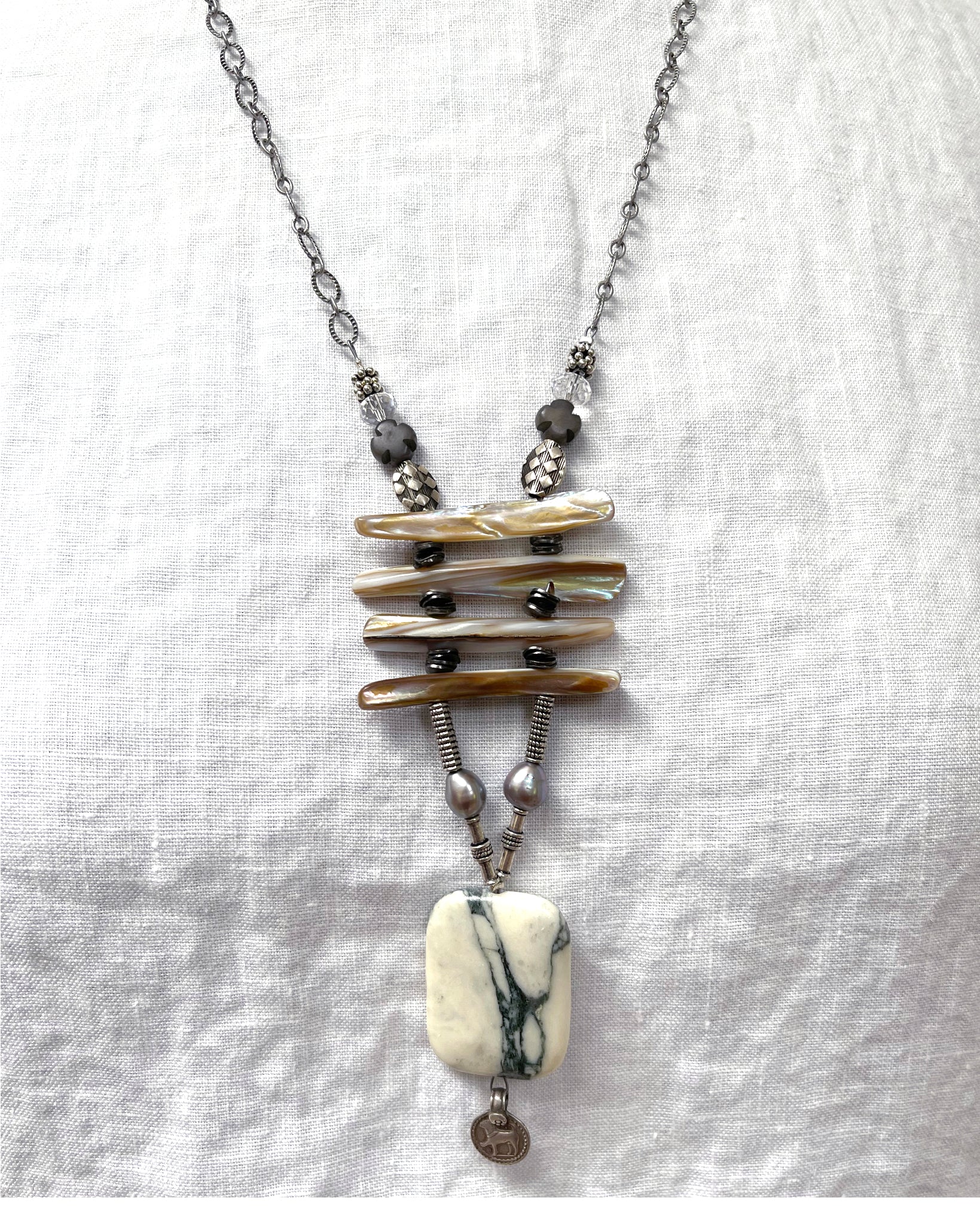 Marble Freshwater Pearl Pendant Necklace Pewter Silver | Engayla