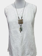 Bohemian necklace: silver chain, four horizontal shell bars, freshwater pearls, green marbled stone pendant, crystal