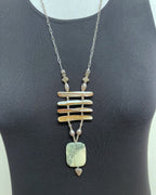 Bohemian necklace: silver chain, four horizontal shell bars, freshwater pearls, green marbled stone pendant, crystal
