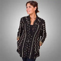 Black White Cotton Mudcloth Long Jacket Four Vent, handmade in Seattle by Angela Ehrig