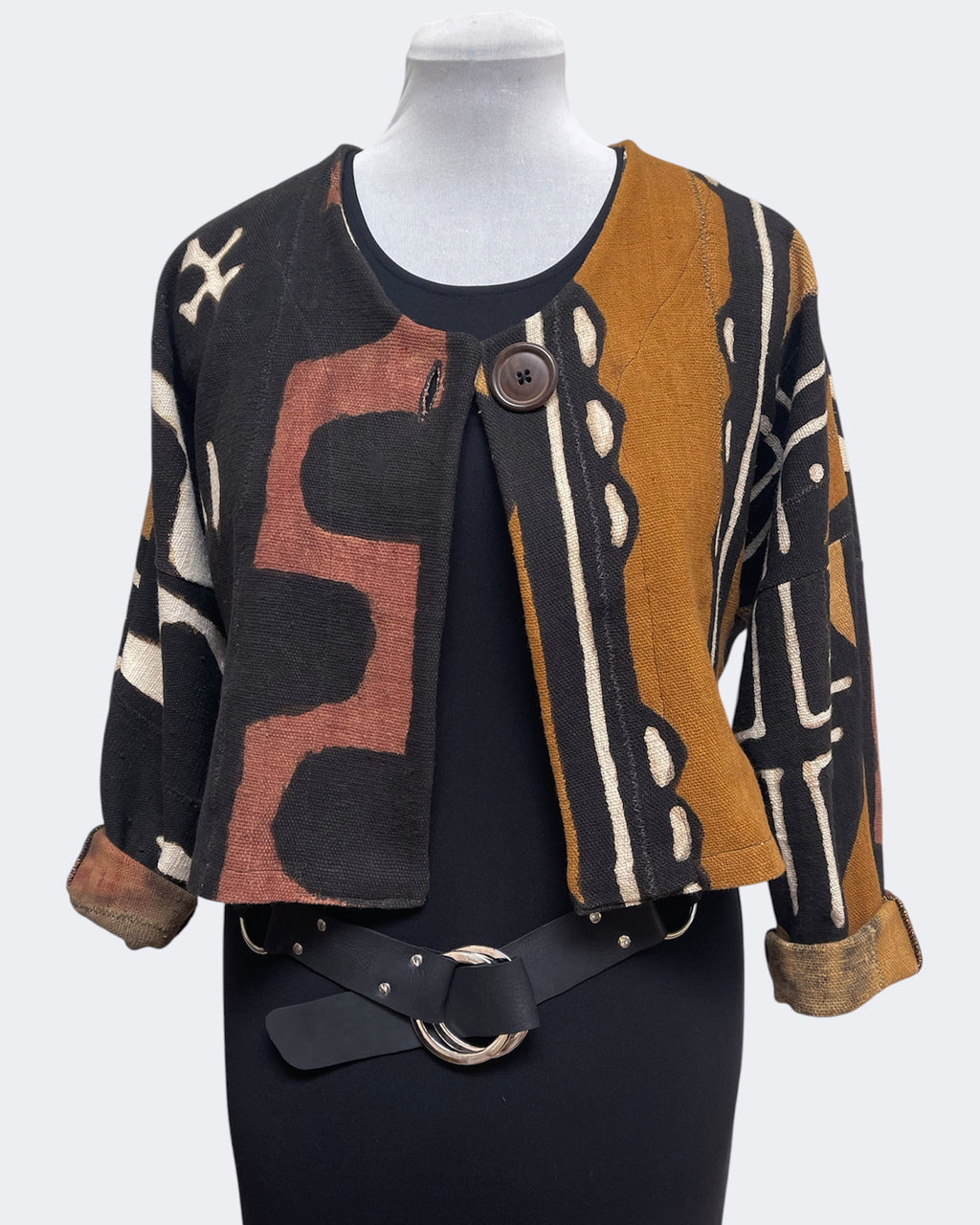 Black White Rust Mud Cloth Bolero Jacket Horn Button | Engayla