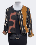 Black White Rust Mud Cloth Bolero Jacket Horn Button, handmade in Seattle by Angela Ehrig