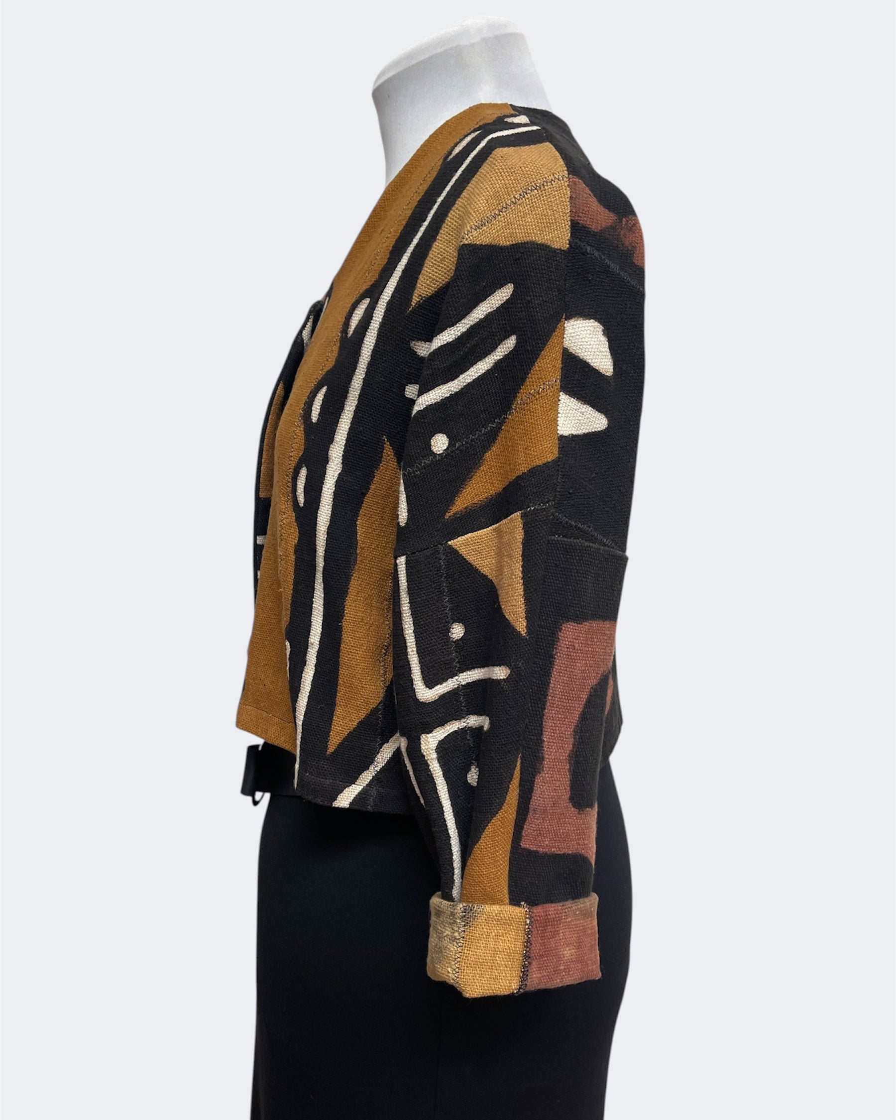 Black White Rust Mud Cloth Bolero Jacket Horn Button | Engayla