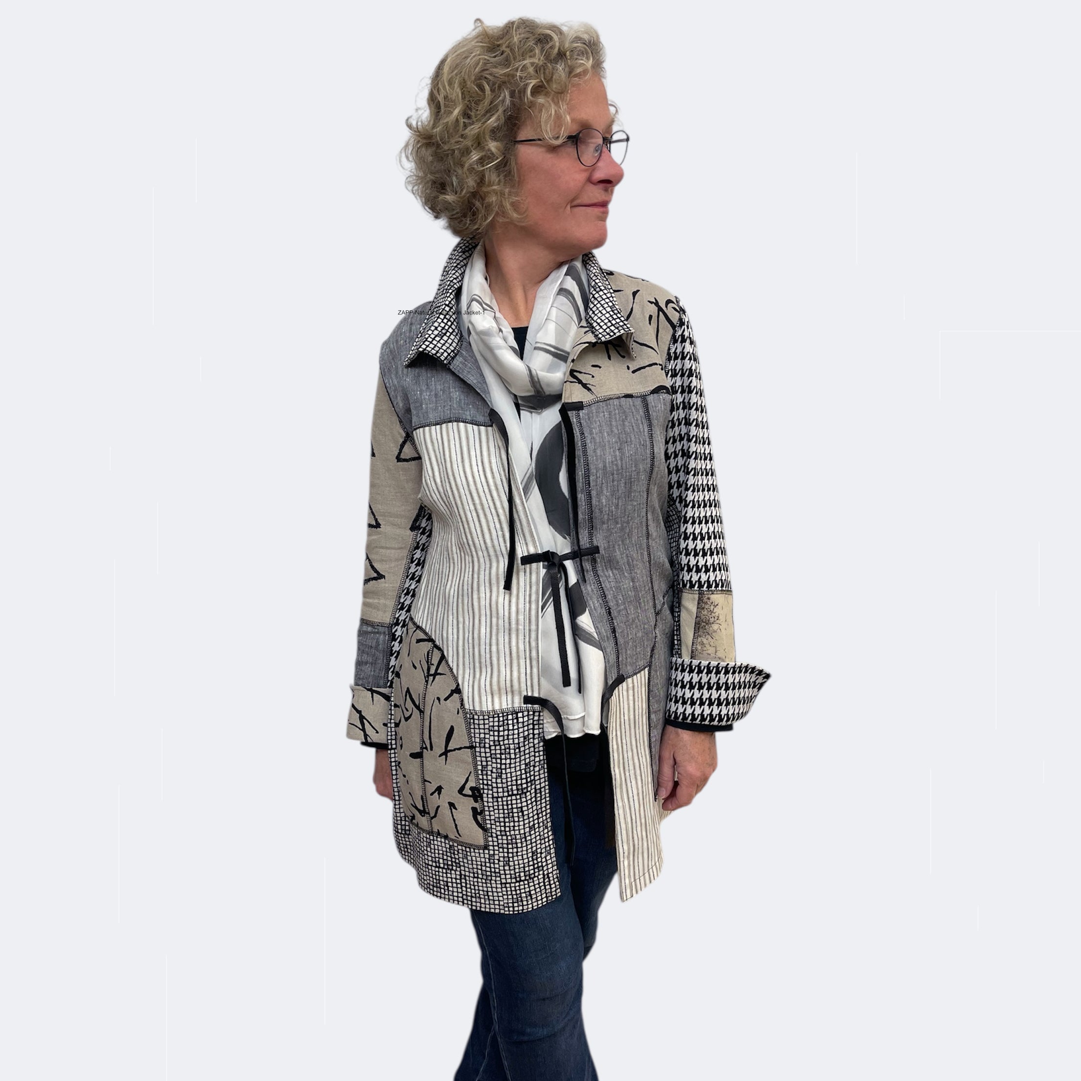 Beige Grey Eco Print Silk Linen Upcycled Jacket | Engayla