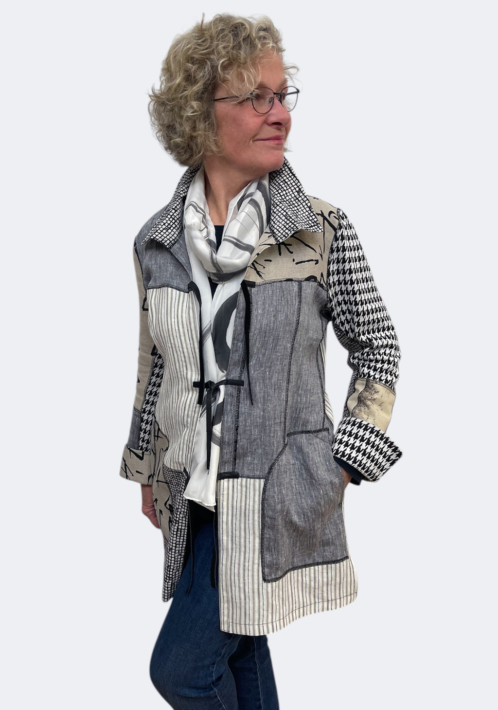 Beige Grey Eco Print Silk Linen Upcycled Jacket | Engayla