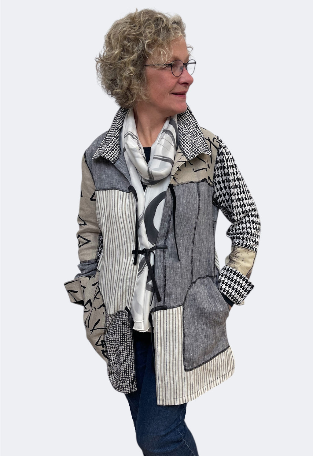 Beige Grey Eco Print Silk Linen Upcycled Jacket | Engayla
