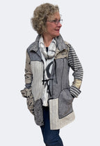 Beige Grey Eco Print Silk Linen Upcycled Jacket | Engayla
