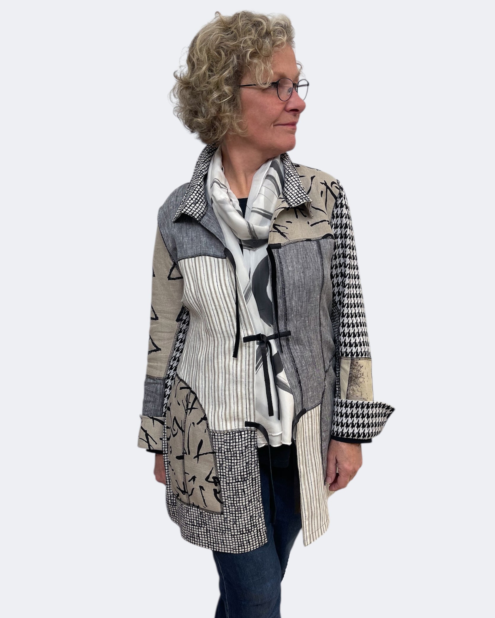 Beige Grey Eco Print Silk Linen Upcycled Jacket | Engayla