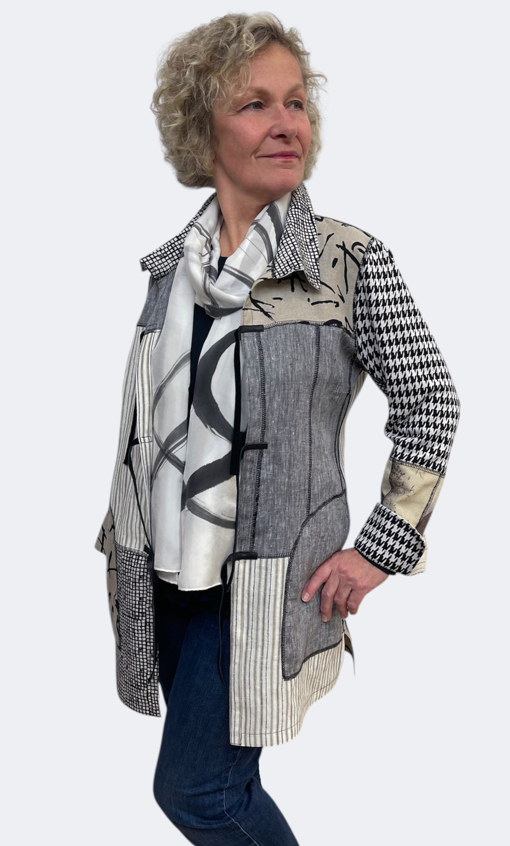 Beige Grey Eco Print Silk Linen Upcycled Jacket | Engayla